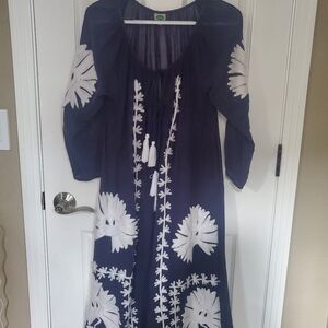 Dolma Elegant Embroidered  Navy and White Floral Dress Tunic Beach Caftan